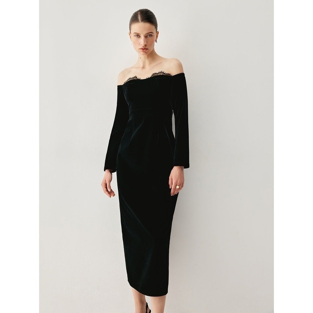 Commense Black Velvet Off Shoulder Lace Trim Midi Dress Elegant Evening size S